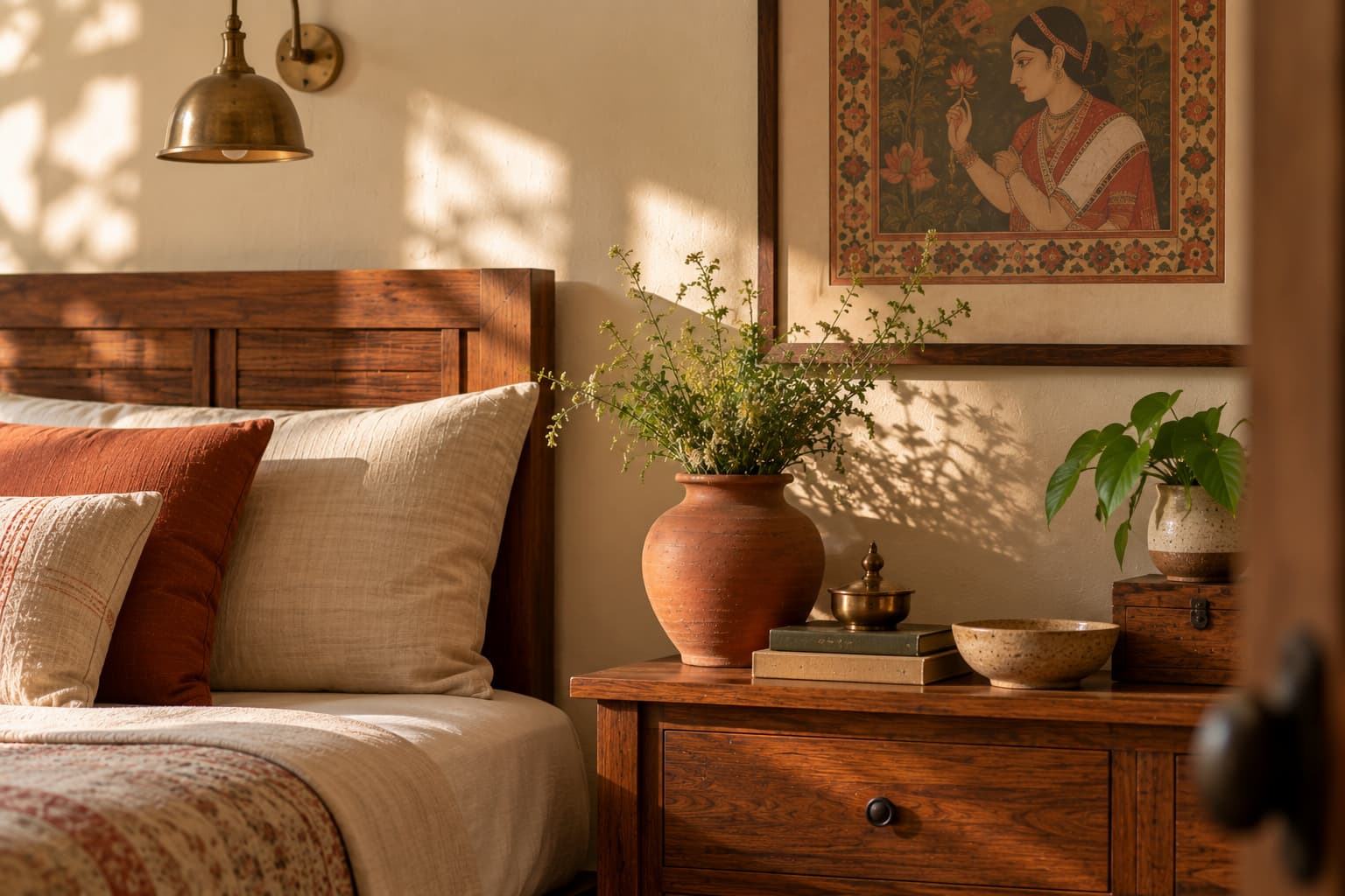 Terracotta, brass and handcrafted decor on a wooden console in a Bengali bedroom