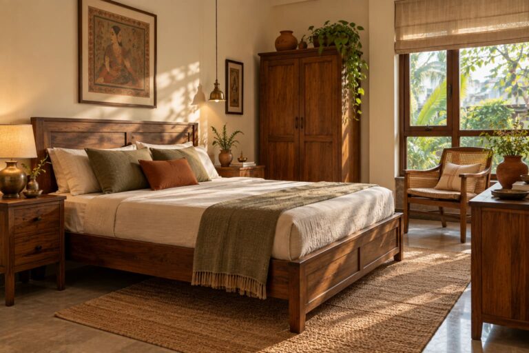 Bengali-inspired heritage bedroom with traditional wooden furniture and warm earthy colours