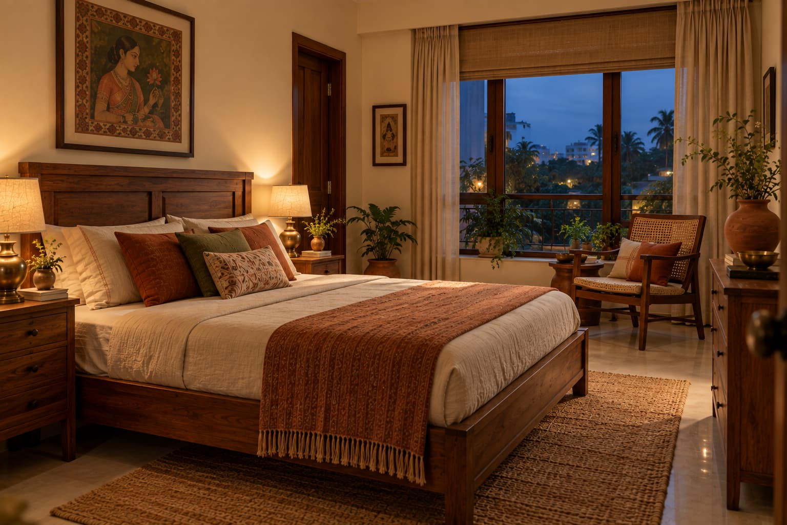 Warmly lit Bengali-inspired heritage bedroom with wooden furniture and brass lighting