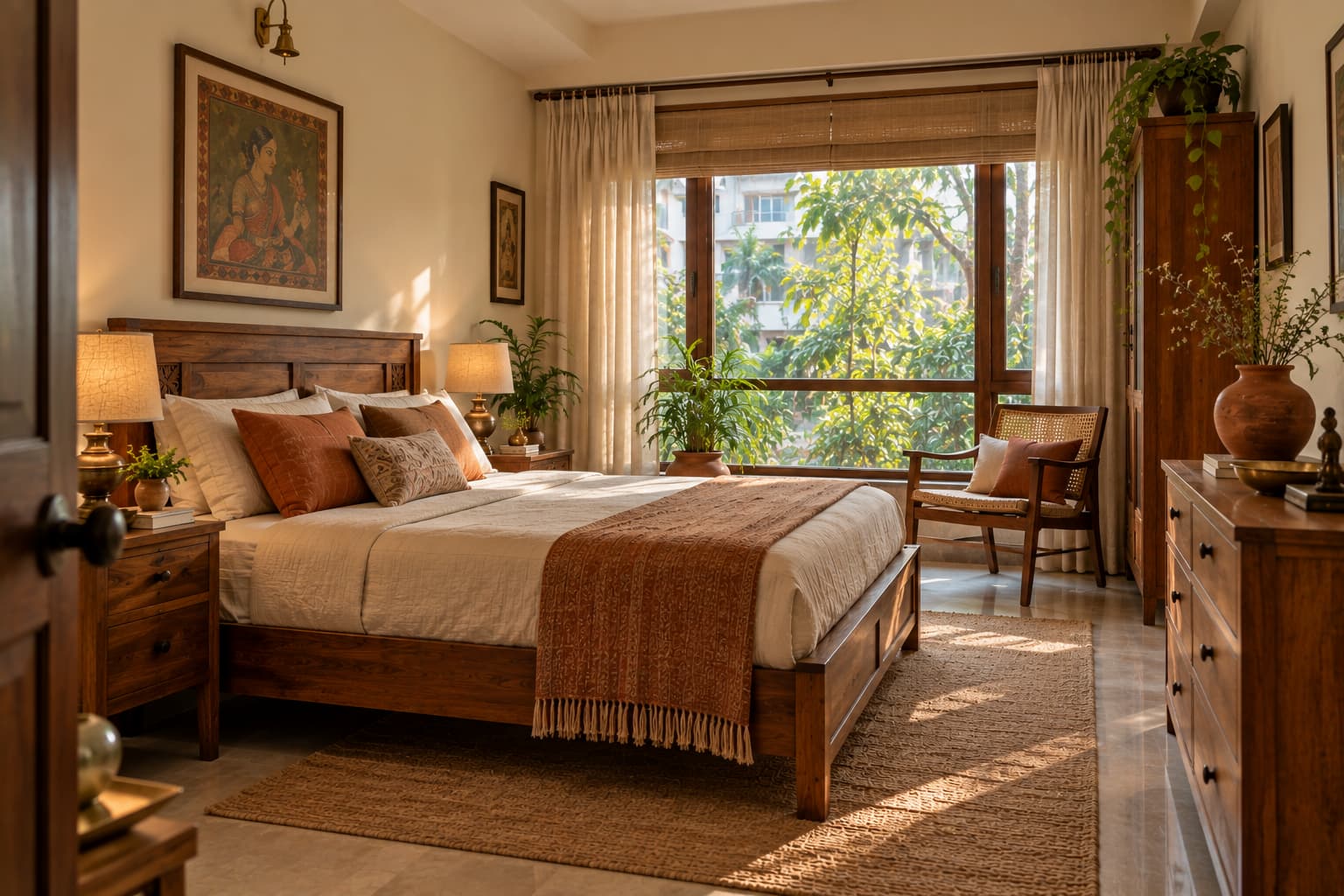 Bengali-inspired bedroom with wooden furniture, cane chair and natural window light