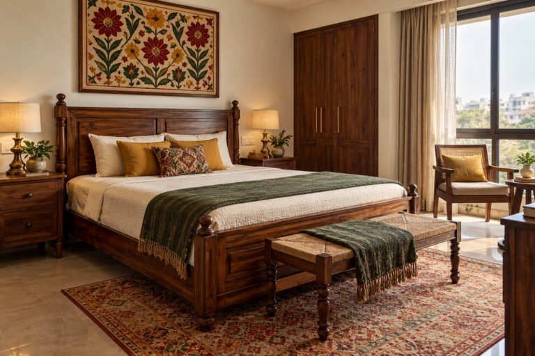 Contemporary Punjabi bedroom with sheesham furniture, Phulkari-inspired artwork and warm Indian colours