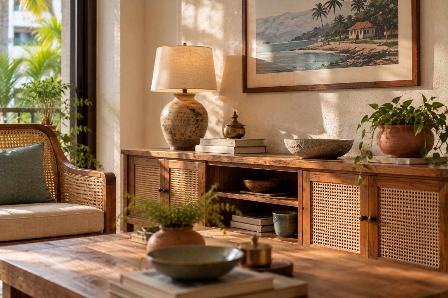 Ceramic, terracotta and brass decor in a Goan-inspired coastal living room