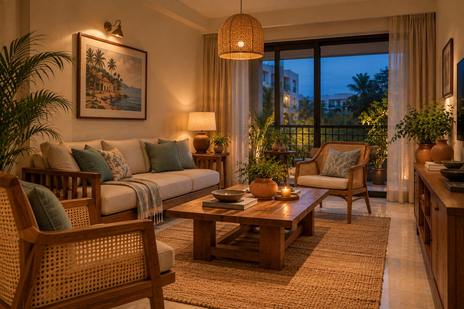 Warmly lit Goan-inspired coastal living room with cane furniture and natural wood