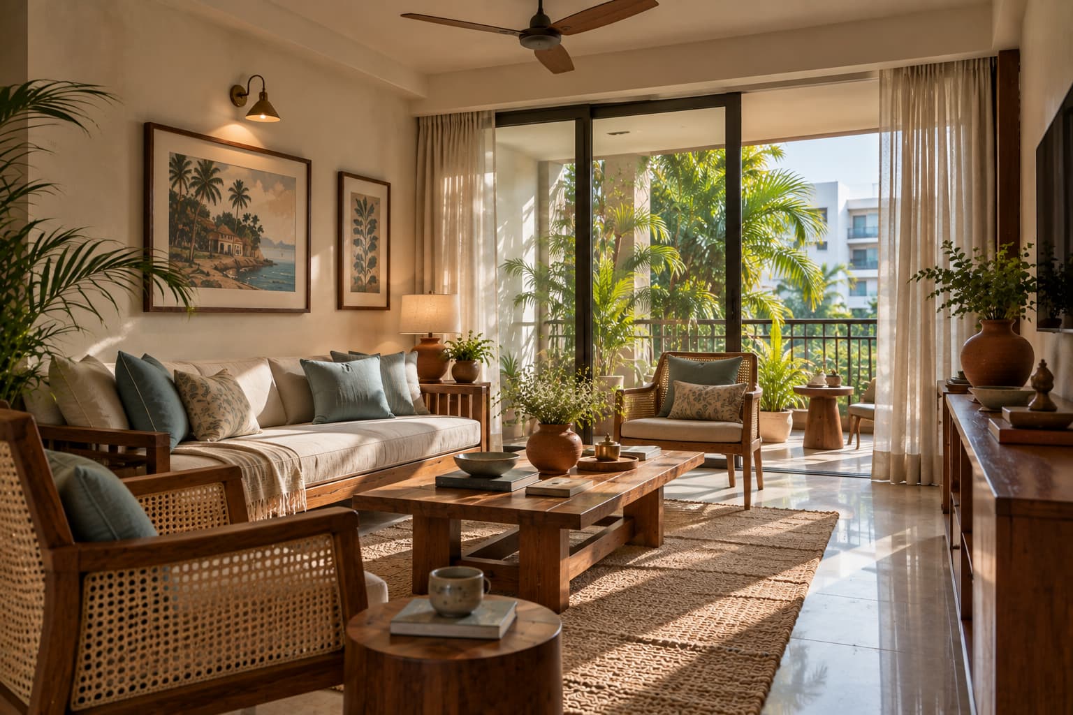 Goan-inspired living room opening onto a green balcony with natural daylight