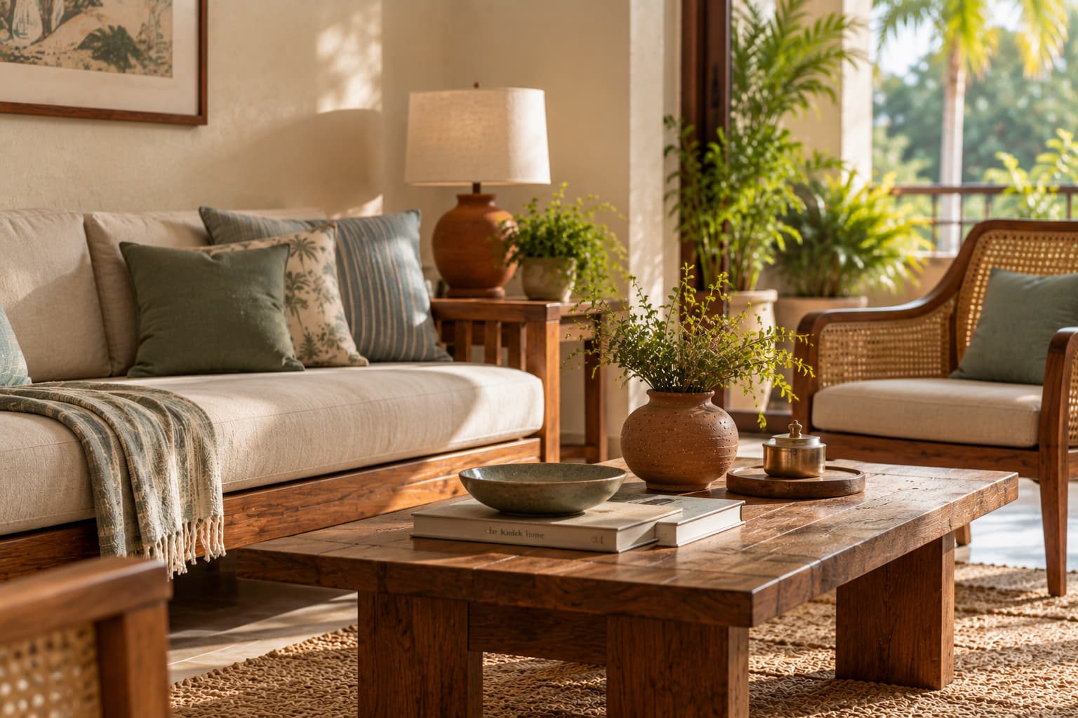 Natural wood sofa and cane accent chair in a Goan-inspired coastal living room