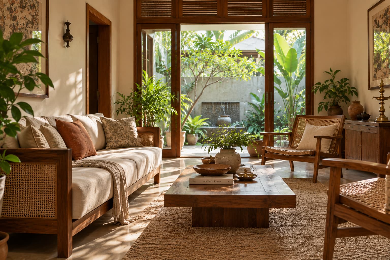 Kerala-inspired living room opening toward a small green courtyard with natural daylight