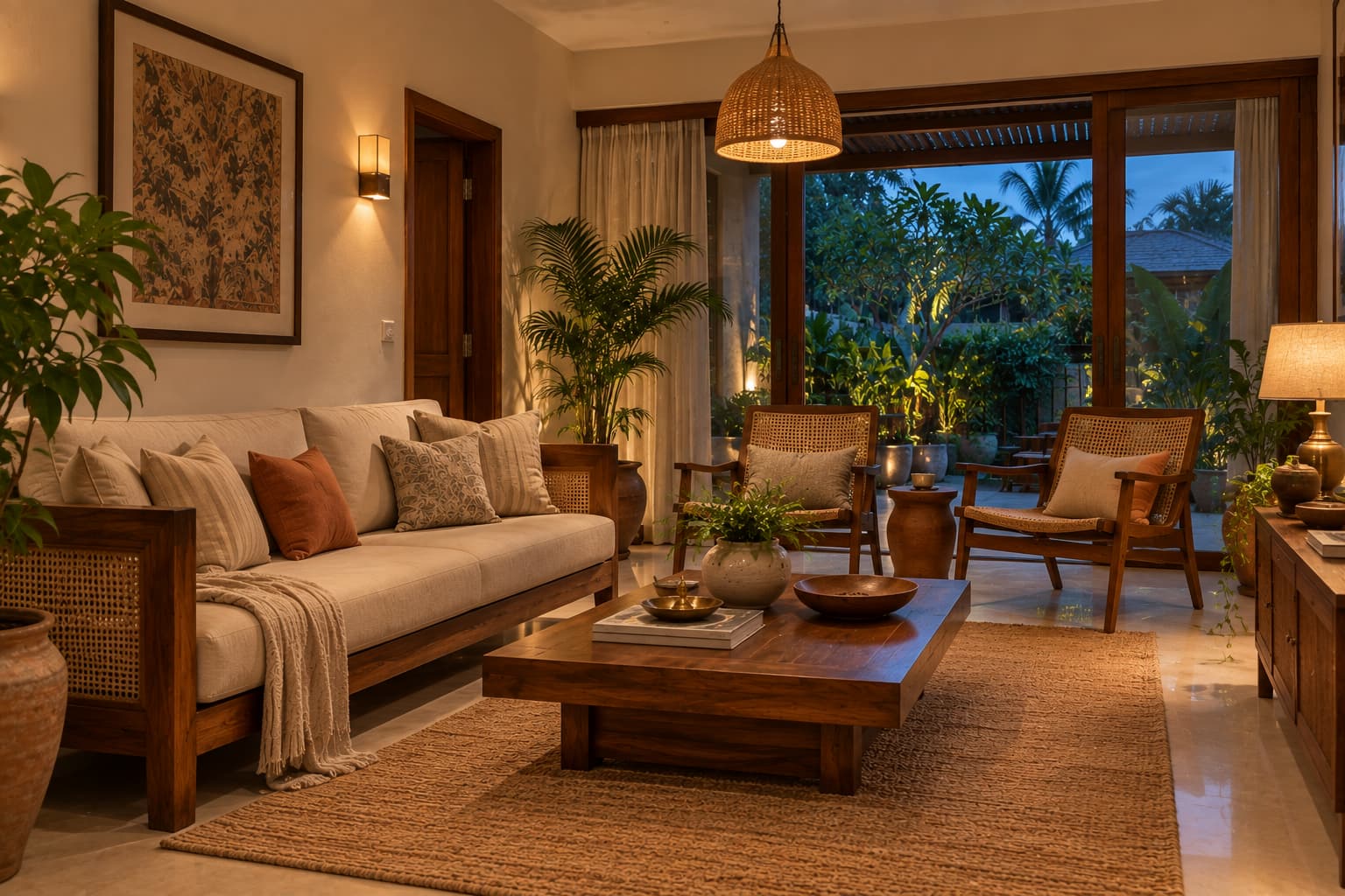 Kerala-inspired Indian living room with warm evening lighting and wooden furniture
