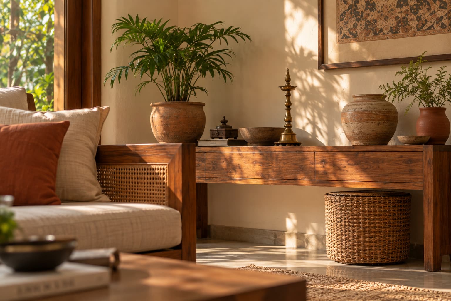Natural wood console with ceramic, brass and terracotta decor in a Kerala-inspired living room