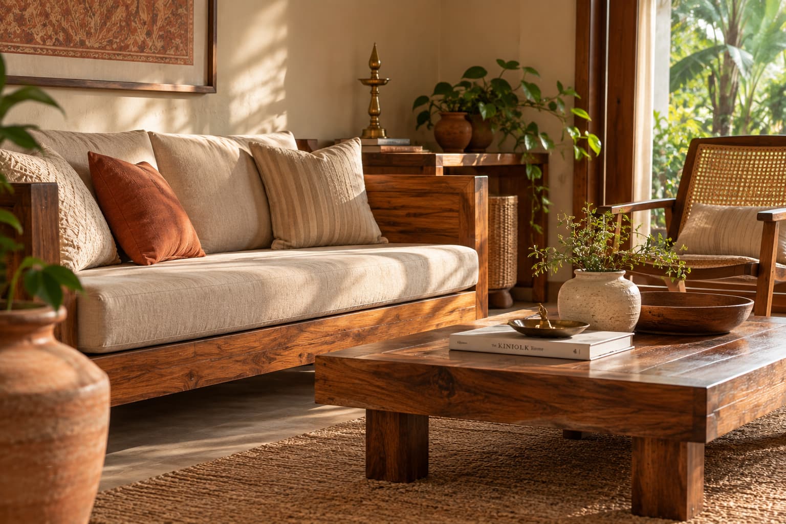 Natural wood sofa and cane chair in a Kerala-inspired Indian living room