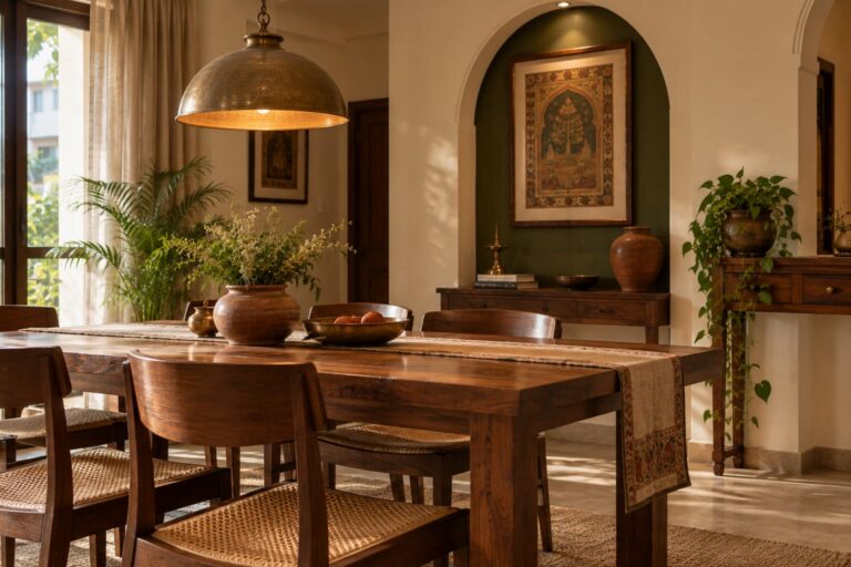 Modern Mughal-inspired dining room with wooden table, arched detail and brass lighting