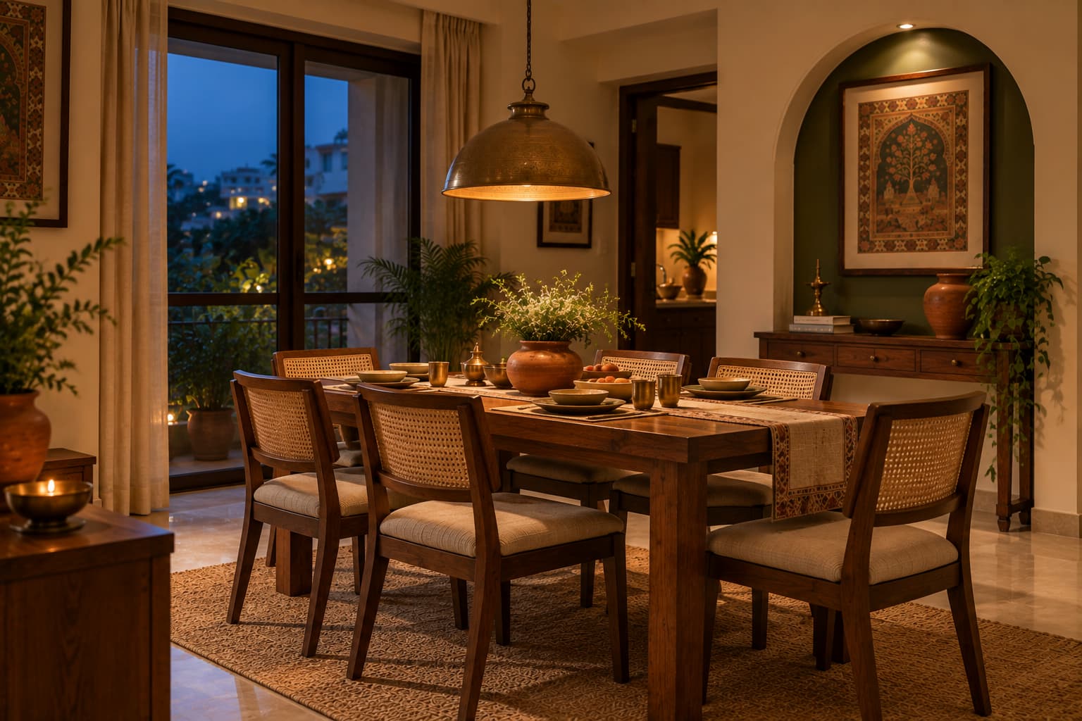 Warmly lit modern Mughal-inspired dining room with wooden table and brass pendant