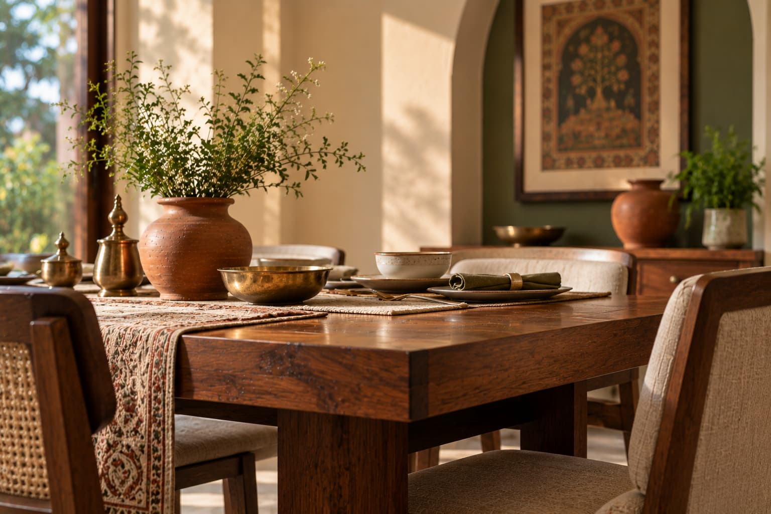Walnut dining table with brass and ceramic details in a modern Mughal dining room