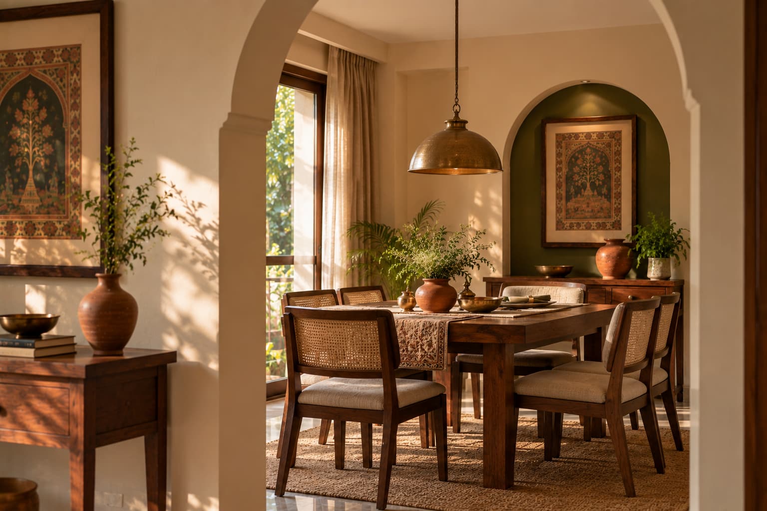Simple Mughal-inspired arch framing a modern Indian dining room