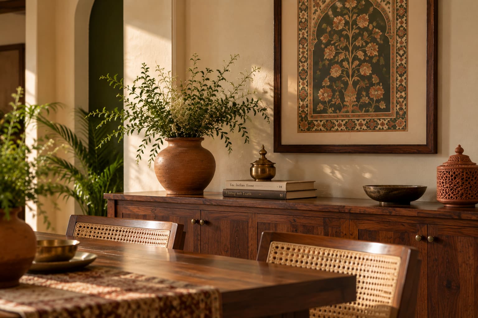 Brass, ceramic and terracotta decor in a modern Mughal-inspired dining room