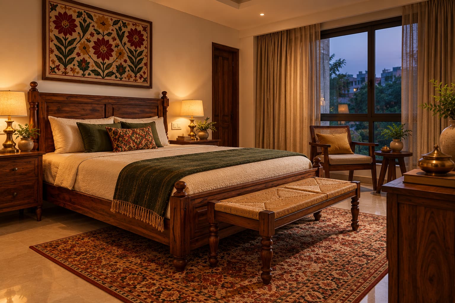 Warm evening interior of a contemporary Punjabi bedroom with sheesham furniture and brass lighting