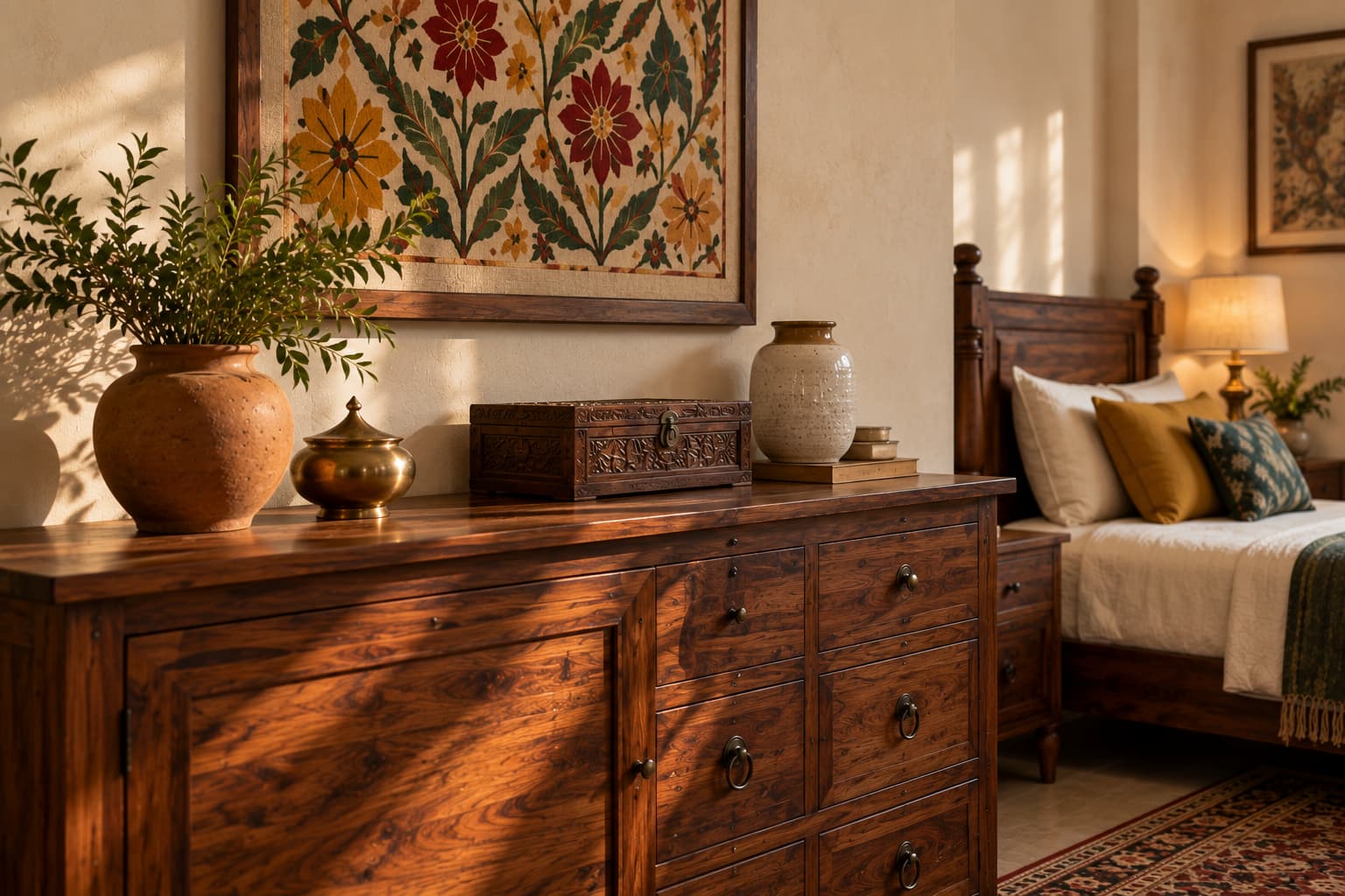 Sheesham wood, brass, terracotta and ceramic details in a Punjabi-inspired bedroom