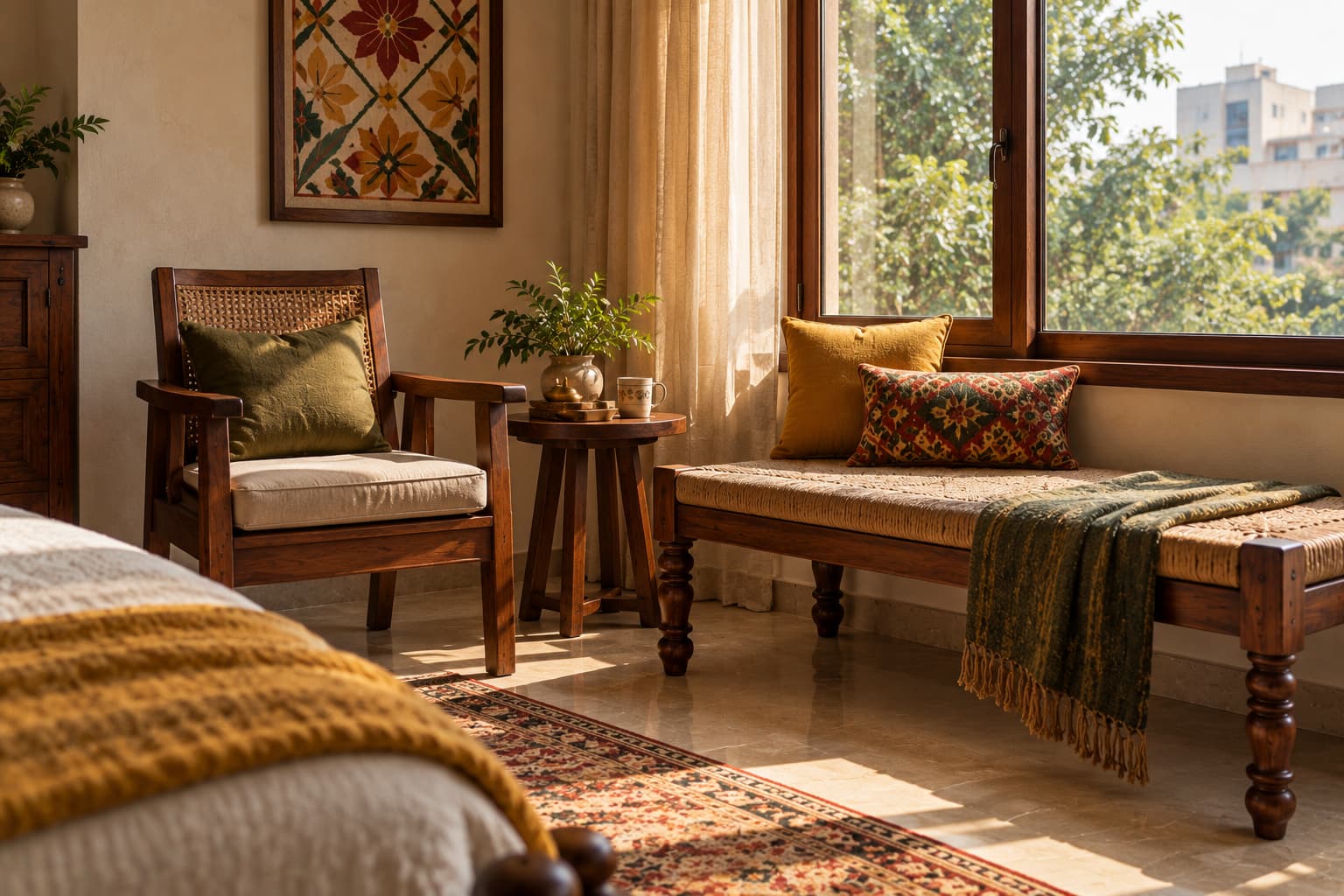 Wooden Punjabi-inspired bench and chair beside a window in a contemporary bedroom