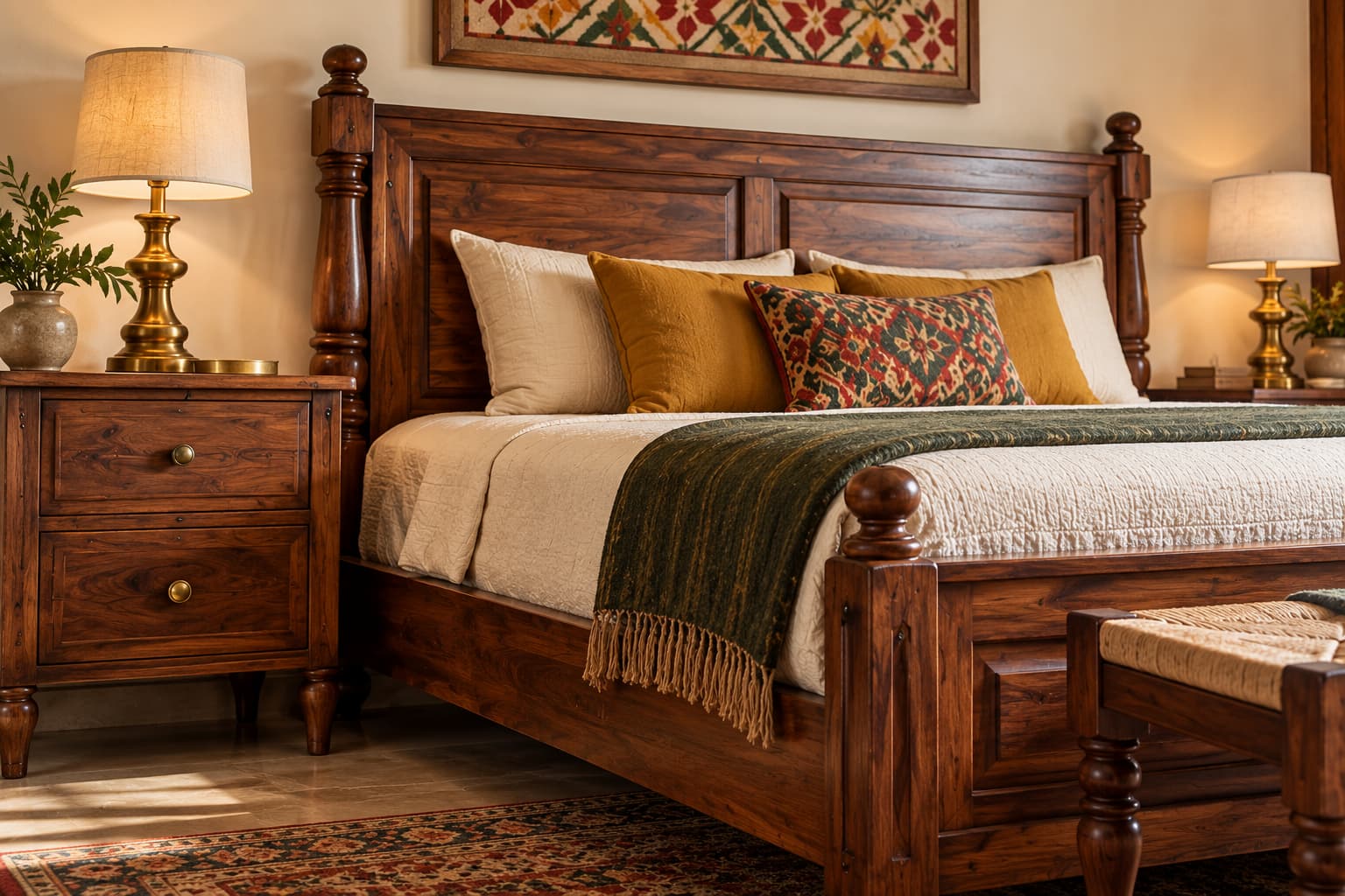 Handcrafted sheesham wooden bed and furniture in a contemporary Punjabi bedroom