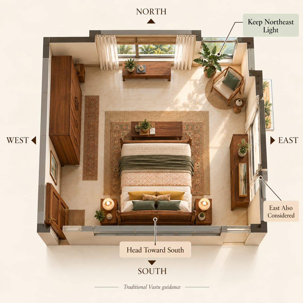 Vastu bedroom infographic showing traditional south and east bed orientations