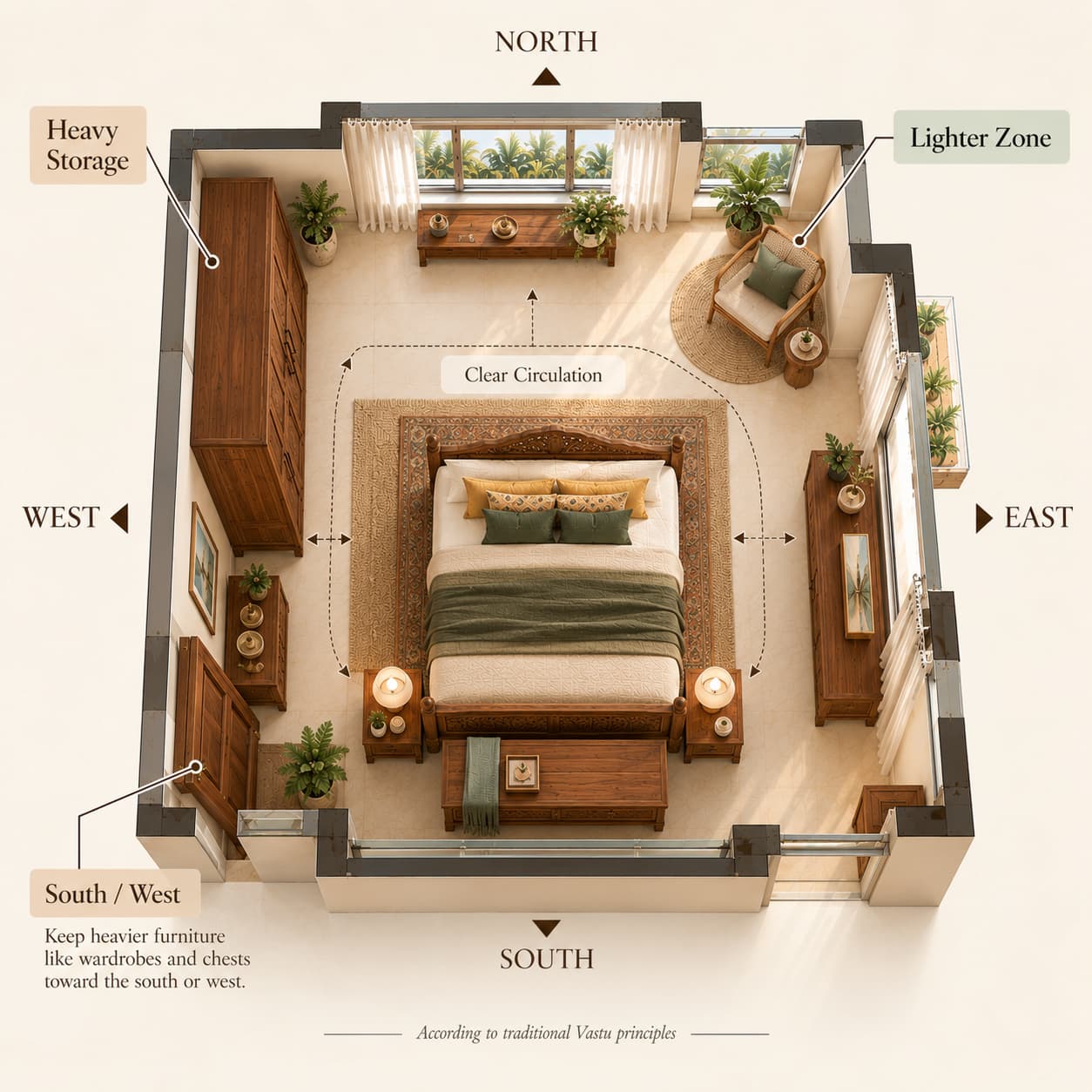 Traditional Vastu bedroom layout showing heavy storage toward south and west