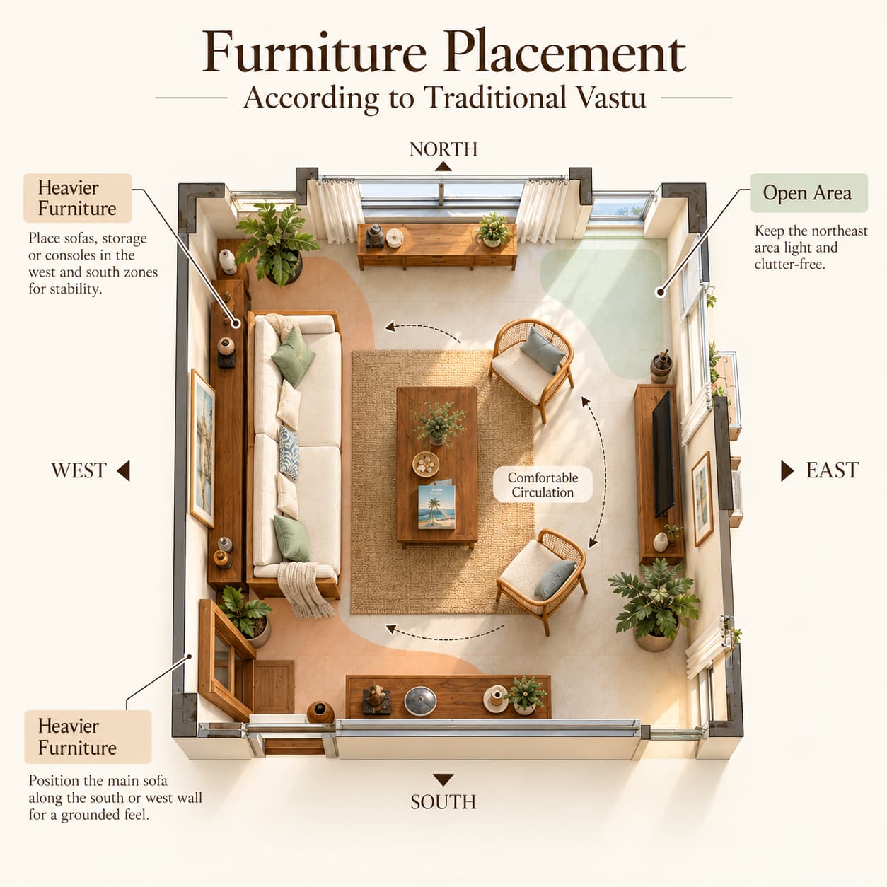 Traditional Vastu furniture placement showing heavier furniture toward south and west