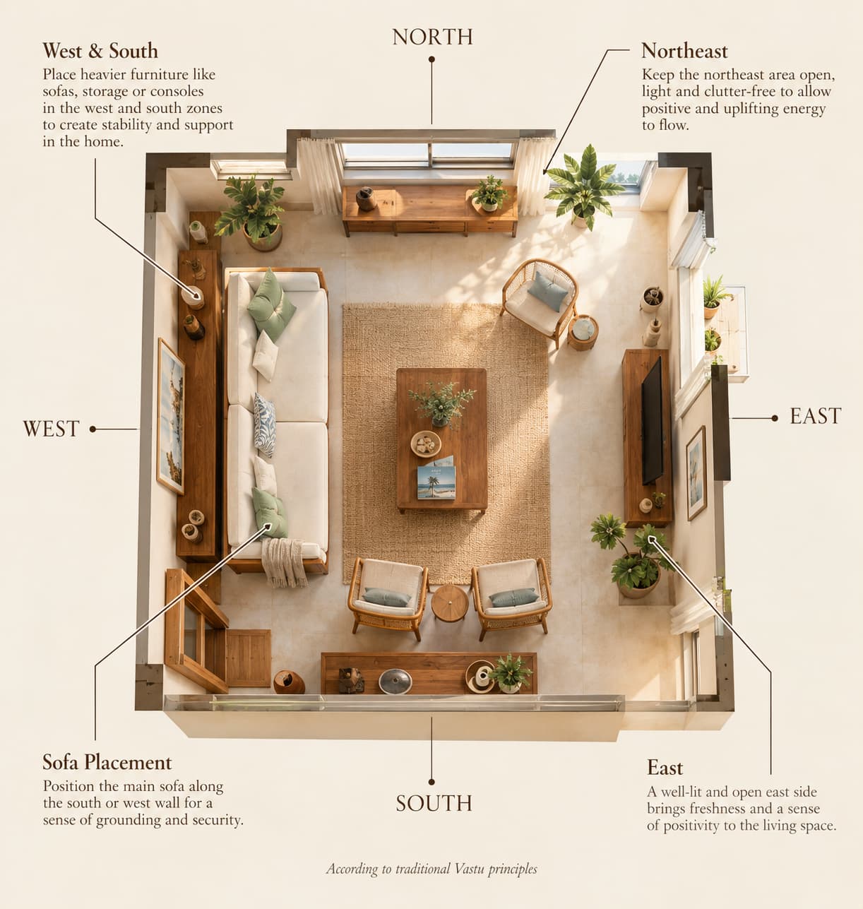 Vastu-inspired living room layout showing furniture placement by direction