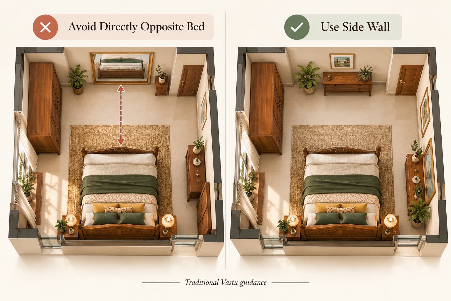 Vastu infographic showing traditional guidance for mirror placement opposite the bed