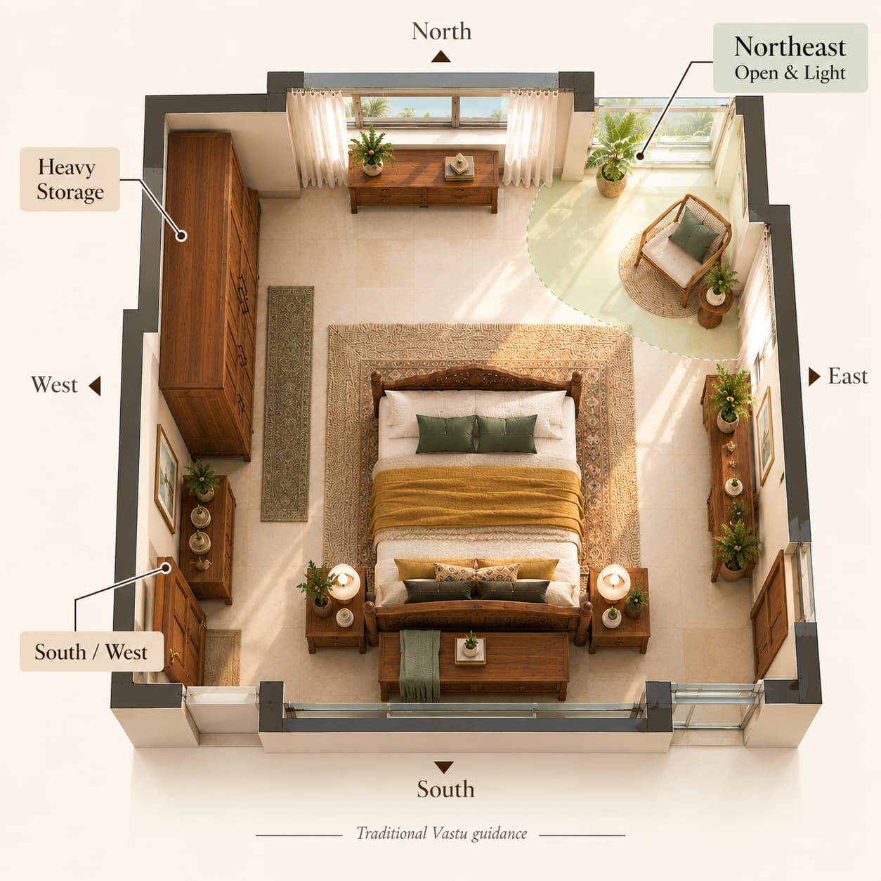 Vastu infographic showing an open northeast area and heavier bedroom storage toward south and west