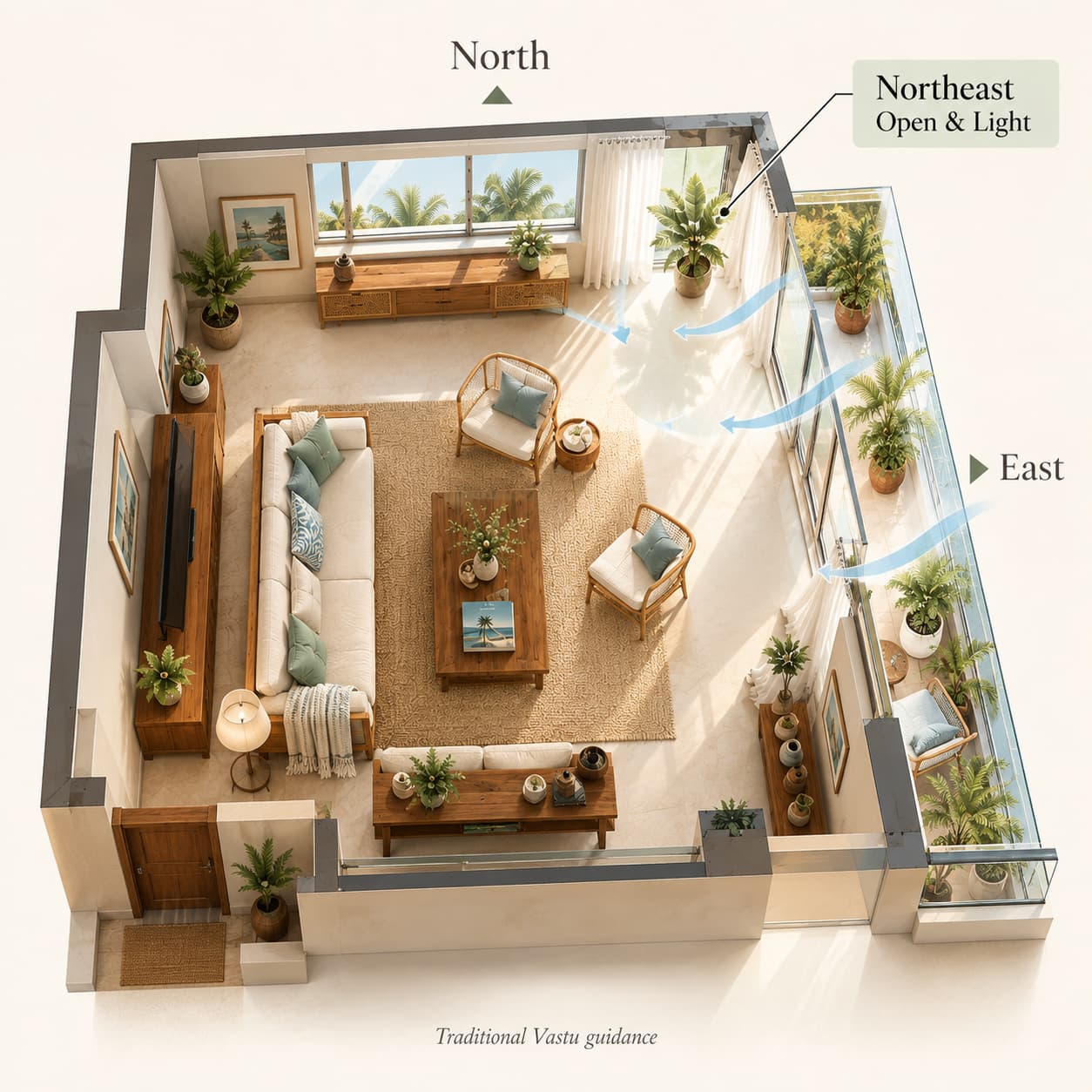 Vastu guide showing north and east openings and an open northeast living room area