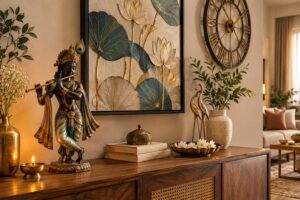 Indian-inspired living room featuring a Krishna statue, lotus wall art, brass décor, wooden console and decorative sculptures