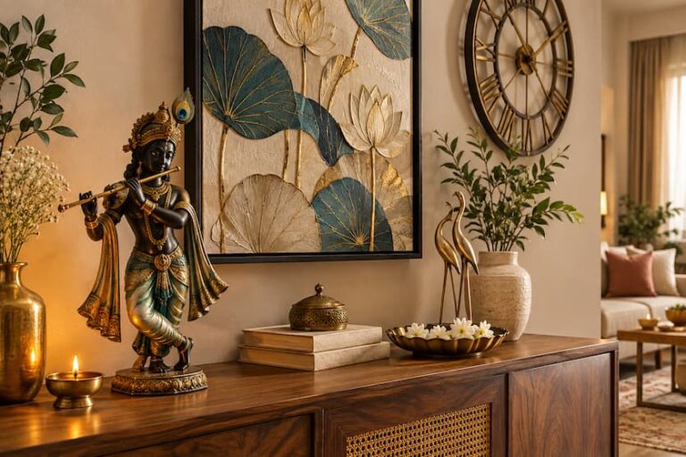 Indian-inspired living room featuring a Krishna statue, lotus wall art, brass décor, wooden console and decorative sculptures