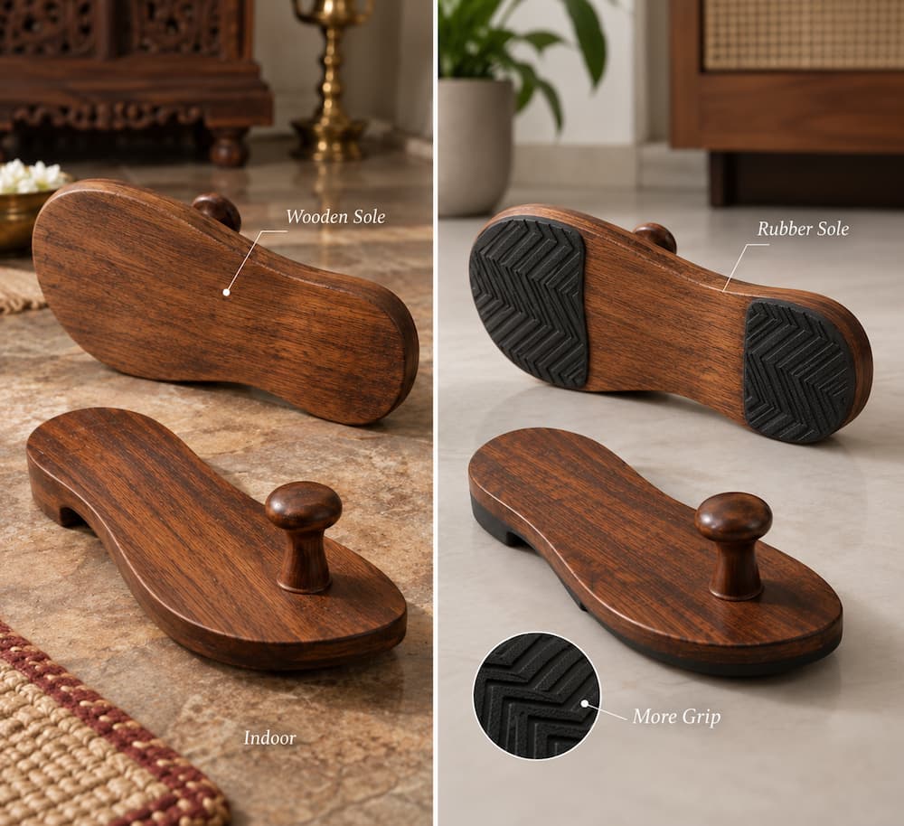 Wooden Khadau Sole vs Rubber Sole for Grip and Use