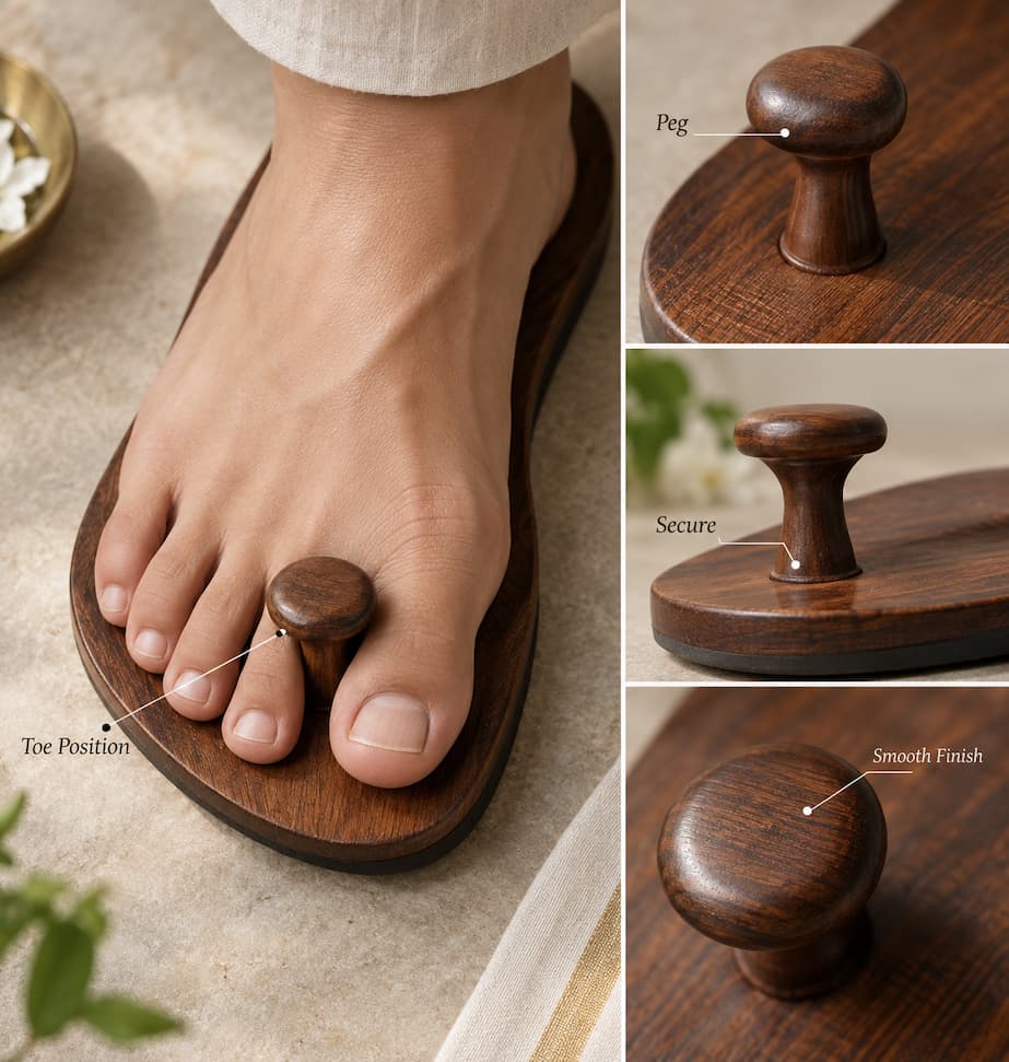 Wooden Khadau Toe Peg Position Shape and Finish
