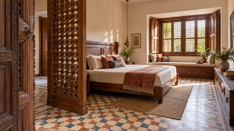 Contemporary Gujarati bedroom with a carved timber doorway, geometric wooden screen, patterned cement flooring, solid-wood bed and built-in window seating.