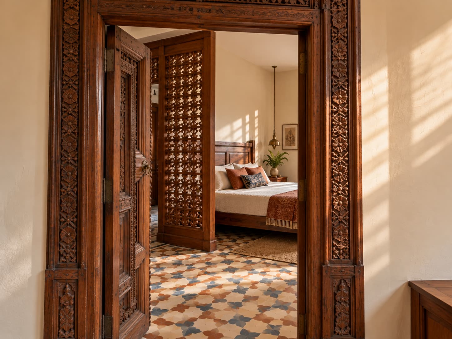 Carved timber doorway framing a contemporary Gujarati bedroom with a geometric wooden screen and patterned floor.