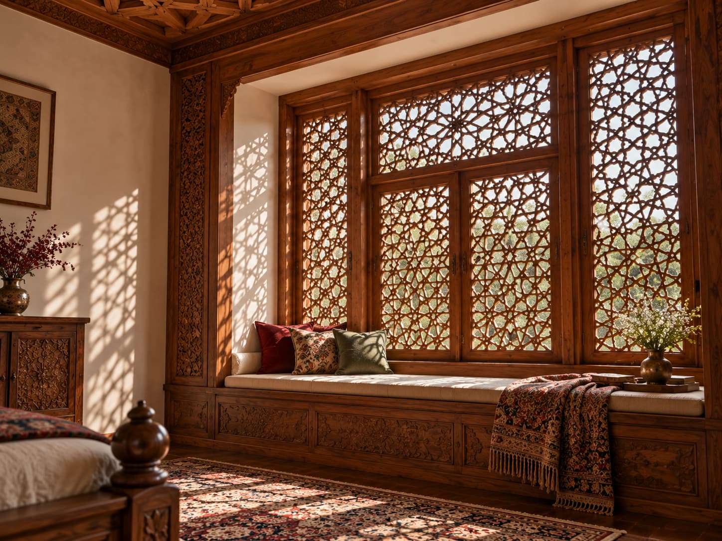 Traditional-inspired Kashmiri wooden window with intricate geometric latticework, a deep timber frame and filtered daylight.