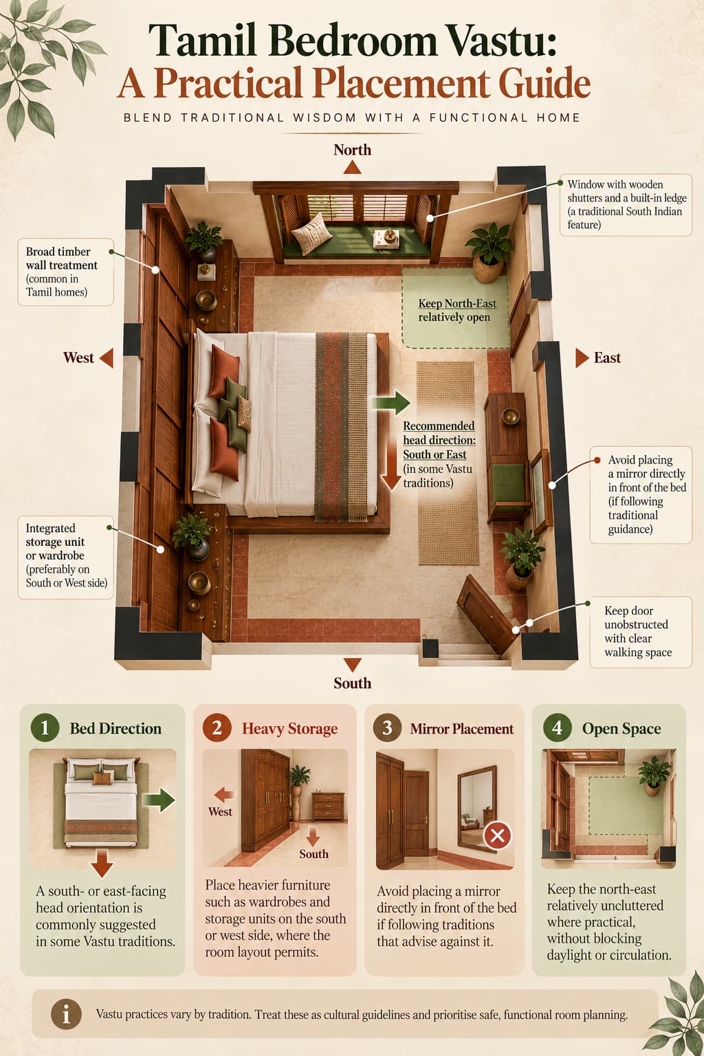 Tamil bedroom Vastu infographic covering traditional bed direction, heavy furniture, mirror placement and open-space planning.