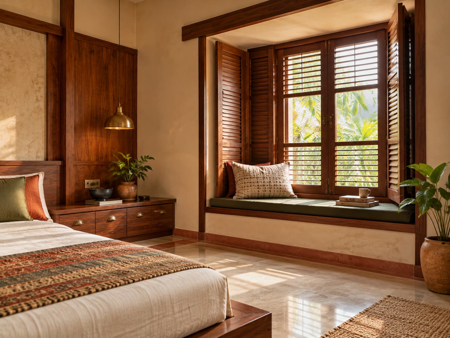 A deep-set wooden window with functional shutters and a built-in timber ledge beside a low bed in a Tamil-inspired bedroom.