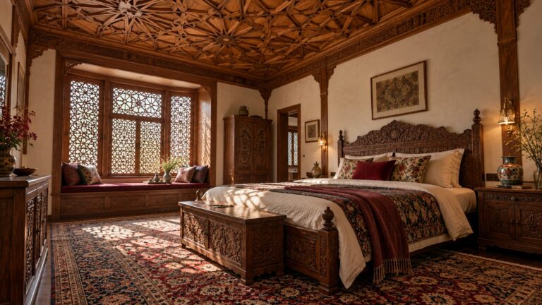 Kashmiri-inspired bedroom with an intricate Khatamband timber ceiling, carved walnut bed, Pinjrakari-style lattice window and richly patterned traditional carpet.
