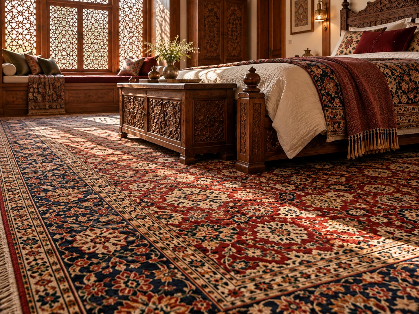Richly patterned Kashmiri-inspired floral carpet beneath a carved walnut bed with traditional wooden furniture.