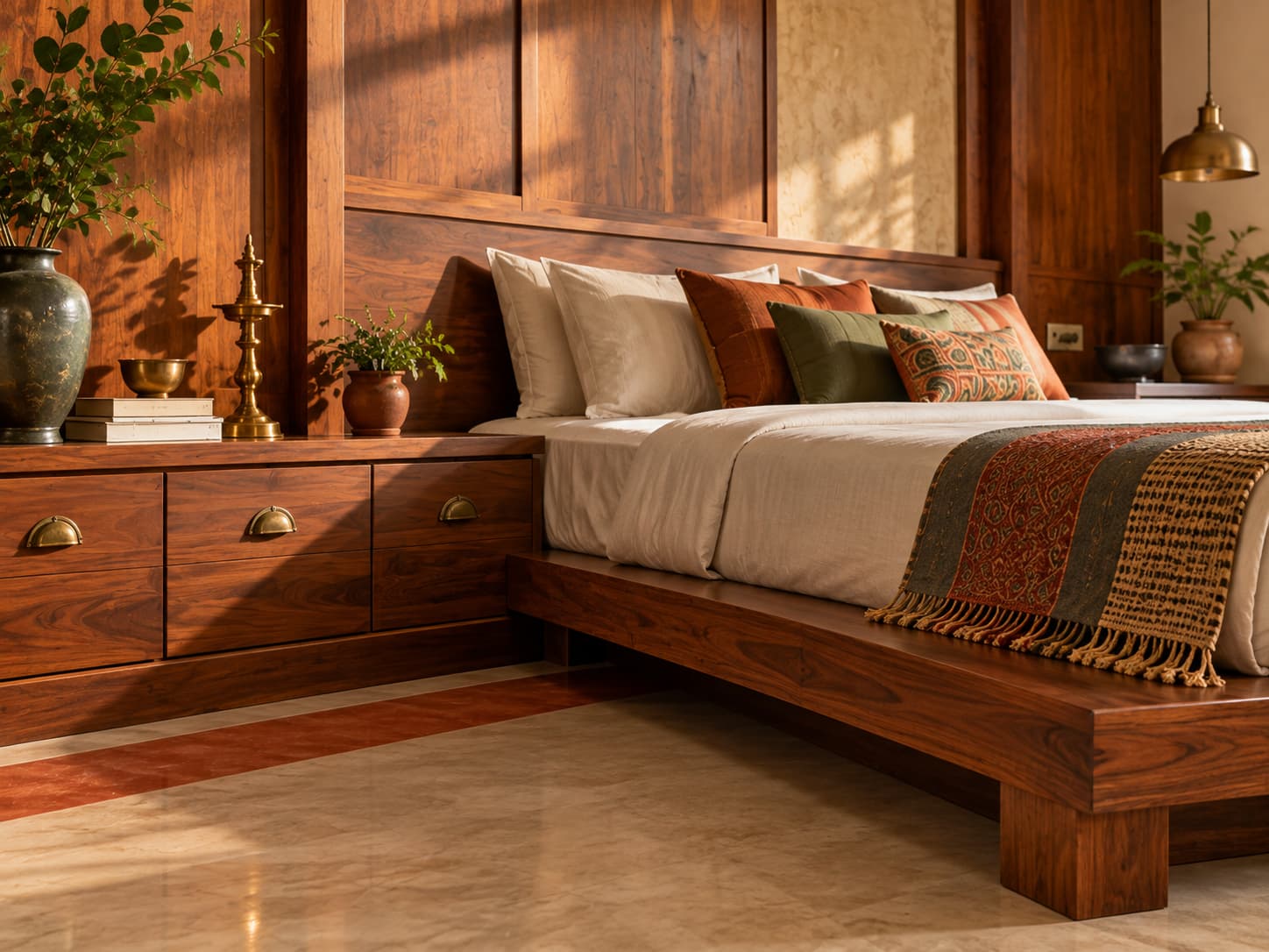 Close-up of a low solid-teak bed frame and integrated timber storage with natural wood grain and restrained brass hardware.