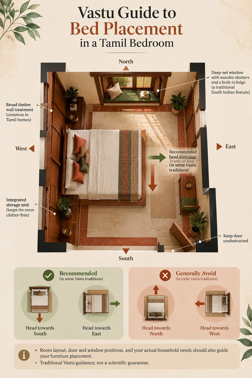 Tamil bedroom Vastu infographic showing a top-down bed layout, compass directions and traditional guidance on bed orientation.