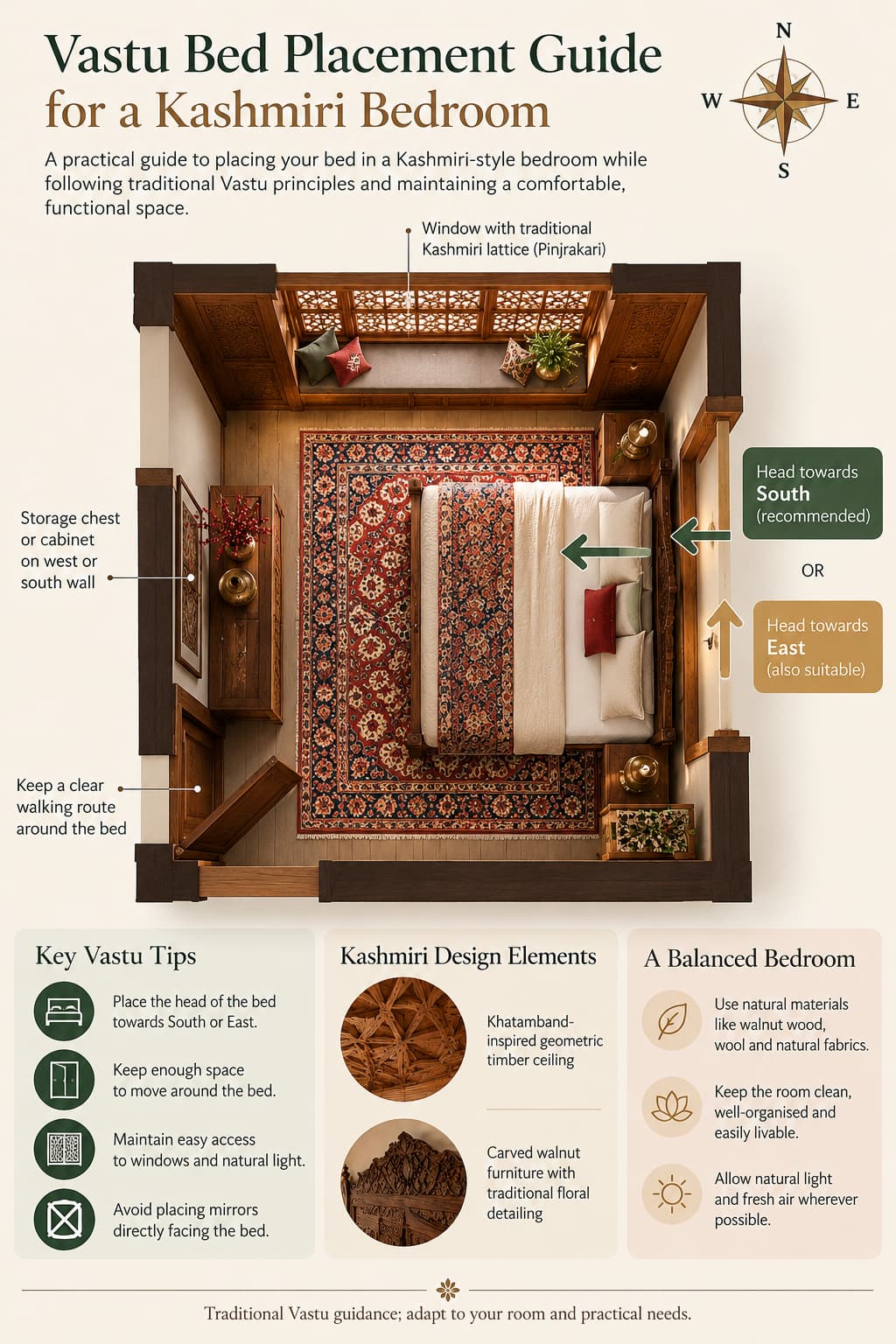 Kashmiri bedroom floor-plan infographic showing bed orientation, compass directions and traditional Vastu placement guidance.