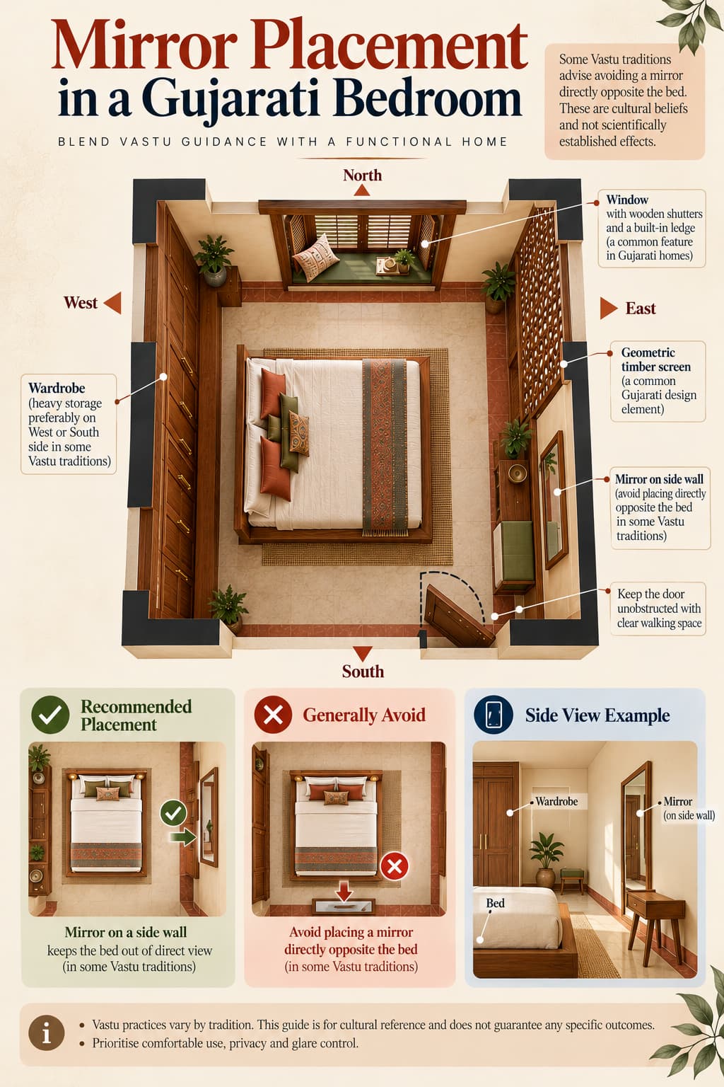 Gujarati bedroom infographic showing a side-wall mirror, bed, wardrobe and traditional mirror-placement guidance.