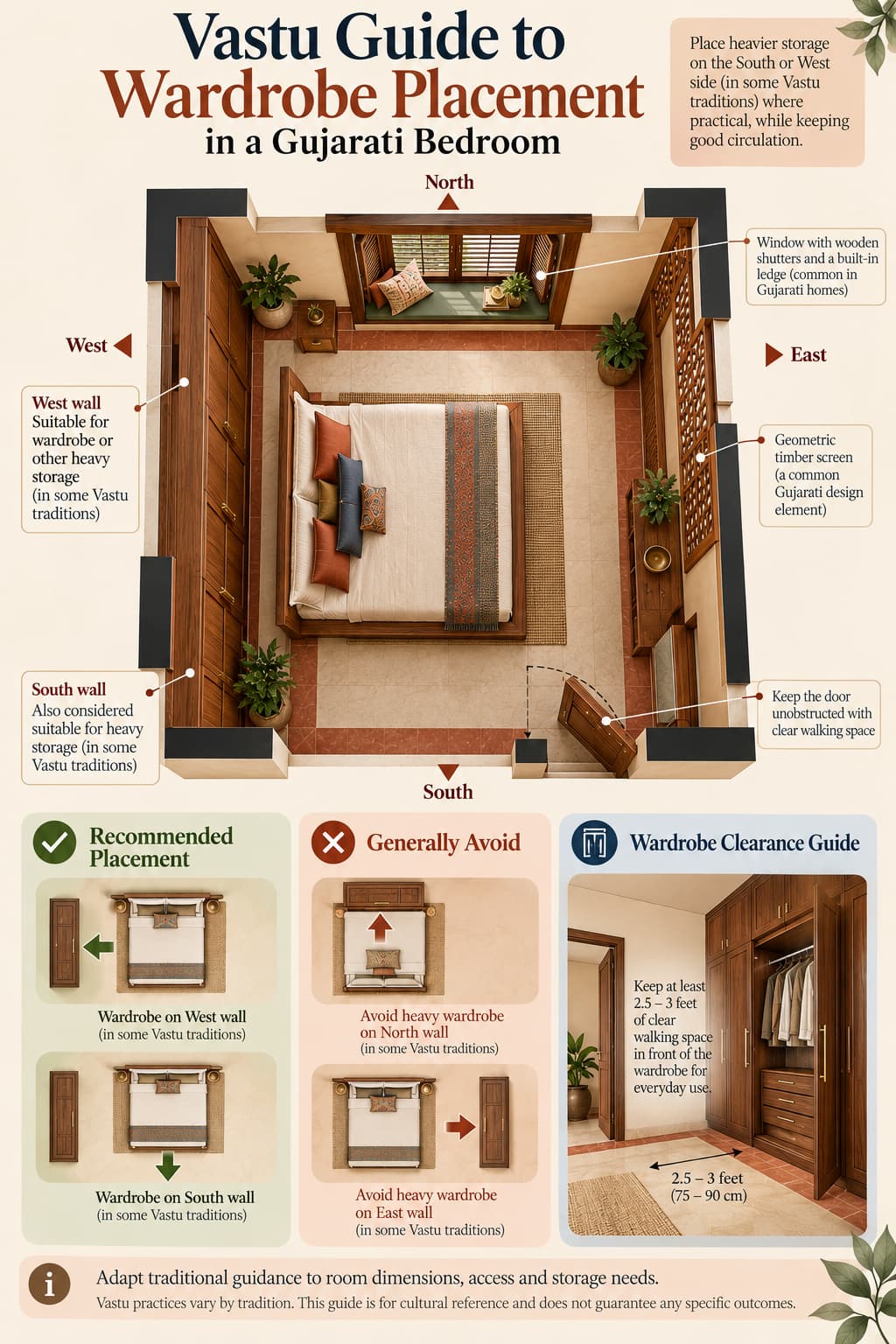 Floor-plan infographic showing traditional Vastu suggestions for wardrobe placement, heavy furniture and clear bedroom circulation.