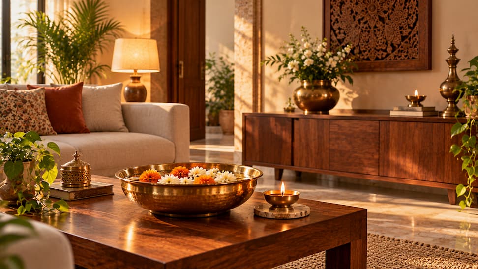 Warm Indian-Inspired Living Room with Brass Florals